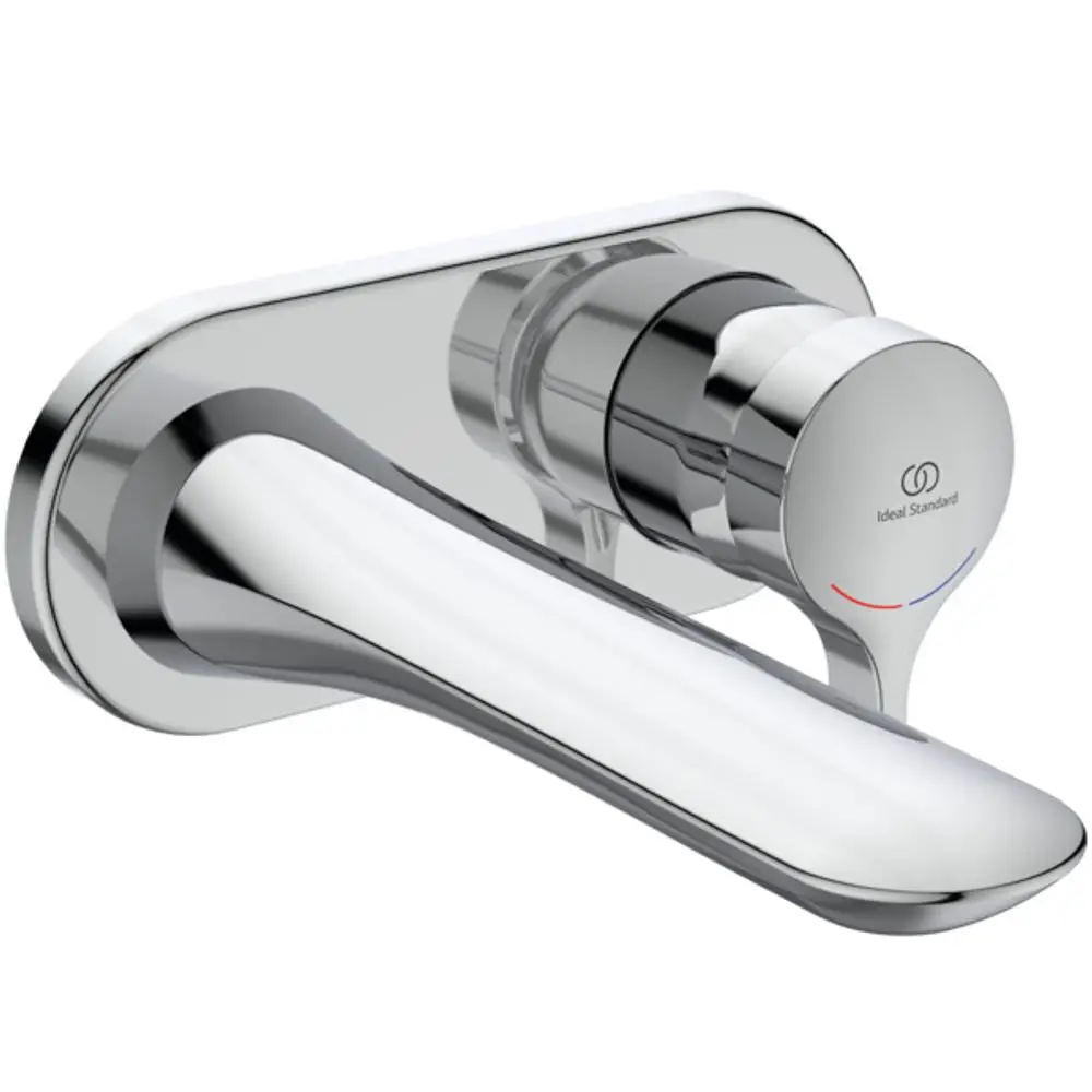 Chromene Wandarmatur von Ideal Standard mit einem runden Bedienknopf und einem langen Auslauf für Wasserabgabe, geeignet für Badezimmerinstallationen.